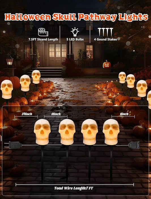 Halloween Pathway Lights Outdoor – Connectable Skull Lights Outdoor with LED C7 Bulbs & Stakes, Waterproof Halloween Skull Light for Garden, Lawn, Driveway, Ghost Pathway Light & Skeleton Stakes