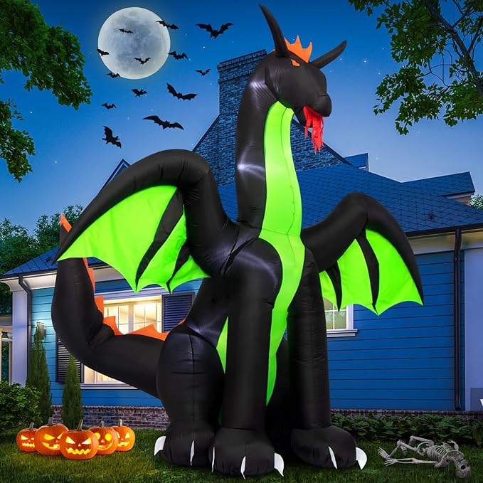 Halloween Inflatables 9FT Giant Inflatable Dragon Halloween Decorations with Wings, Built-in LEDs Halloween Blow Up Yard Decorations for Outdoor Indoor Party Garden Lawn Decor