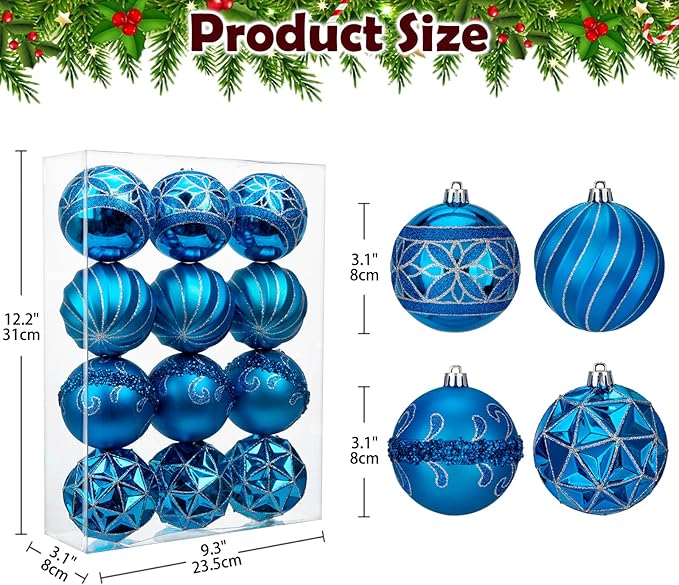 12pcs Blue Christmas Ornaments Balls 3.14 inch Glitter Hanging Christmas Tree Ornaments Set for Christmas Decorations Hand Painted Shatterproof Christmas Baubles for Xmas Holiday Party Decor