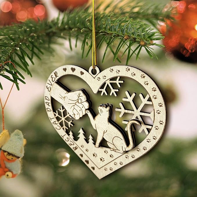 Best Cat Dad Ever Wooden Ornament - Cat & Dad Fist Bump Heart-Shaped Holiday Decoration - 2024 Kitten Christmas Ornament