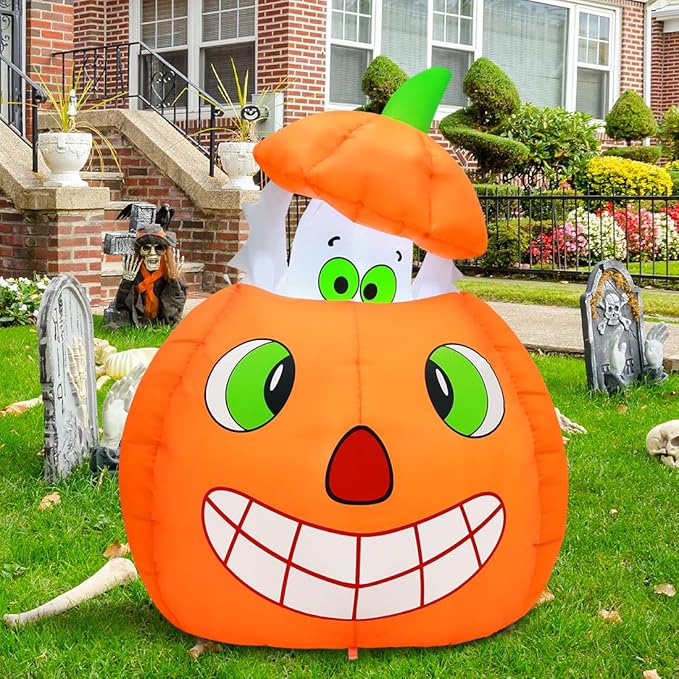 COMIN 5 FT Halloween Inflatables Animated Pumpkin Ghost Outdoor Decorations Blow Up Yard with Built-in LEDs for Indoor Party Garden Lawn Decor