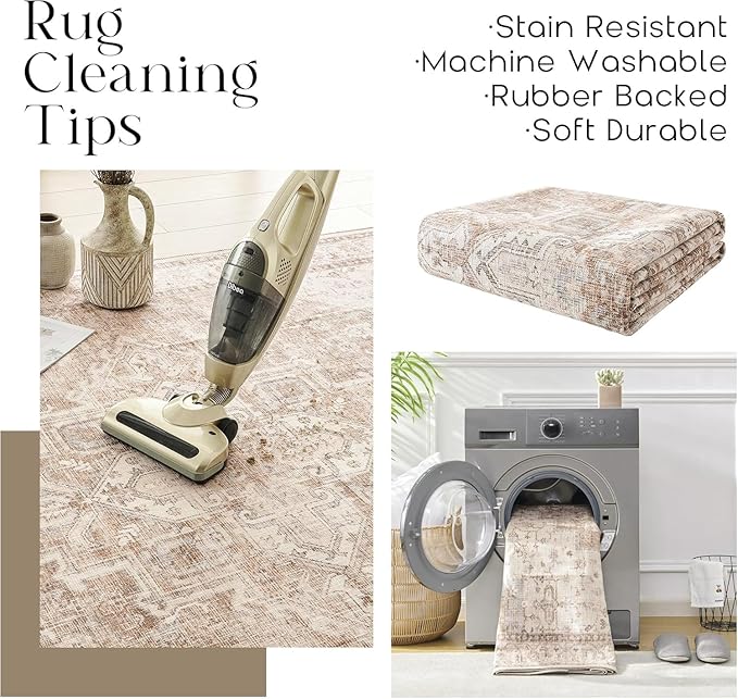 Boho Farmhouse Bedroom Rug Washable Easy Clean Stain Resistant Vintage Country Rustic Neutral Persian Area Rug for Dining Room Under Table,Light Tan Brown Beig with Terracotta Pattern,5x8