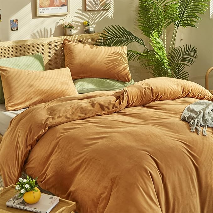 Cottonight Velvet Comforter Set King Pumpkin Rust Bedding Set Flannel Burnt Orange Fluffy Plush Blanket Quilts Soft Thick Warm Terracotta Comforter Set for Women Men King Bed