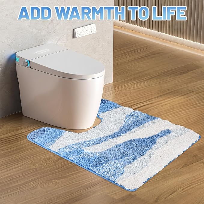 Wave Non-Slip Toilet Contour Rug, Luxurious Tufted Extra Thick U-Shaped Bathroom Rug, Ocean Beach Designed U-Shaped Toilet Floor Mat, Washable and Absorbent Bathroom Carpet (24 x 20 in)