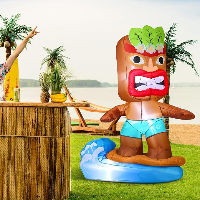 Shappy 5 ft Inflatable Tiki Flamingo Surfboard Luau Hawaiian Party Decorations Summer Inflatables Outdoor LED Lighted Tiki Blow up Beach Tropical Pool Surfing Yard Party Supplies Favors(Surfboard)