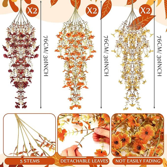 6 Pcs Artificial Fall Hanging Flowers Outdoor Silk Mum Plants Autumn Decor Faux Violet with Eucalyptus Realistic UV Resistant Trailing Vine Thanksgiving Porch Yard(Retro Color,Violet)