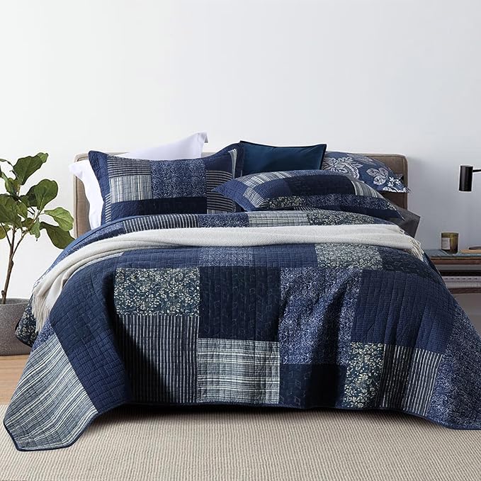 mixinni Navy Blue Quilt Set Queen Size, 100% Cotton Farmhouse Patchwork Plaid Floral Bedding Set, 3-Piece Reversible Lightweight Bedspread Coverlet Set for All Season (88"x92")