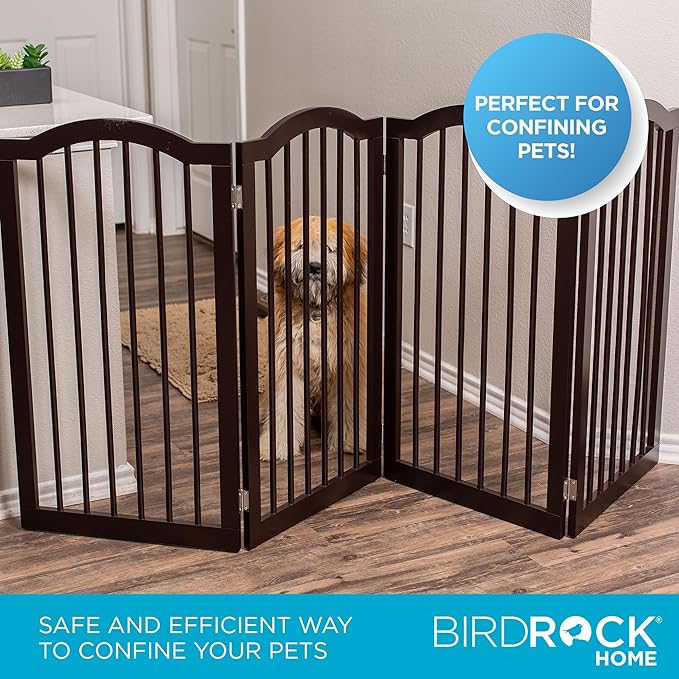 INTERNET'S BEST Arched Top Dog Gate | 4 Panel, 36" H Wooden Pet Barrier for Dogs or Cats | Freestanding Folding Room Divider for Doorways, Hallways, Stairs, and Porch | Portable, Extra Wide | Espresso