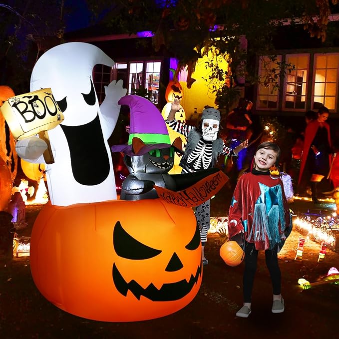 Inflatable Halloween Decorations, 6FT Outdoor Ghost Cat Pumpkin Halloween Inflatables, Outside Blow Up Yard Decoration with LED Lights, Halloween Decor for Home,Holiday,Party,Garden