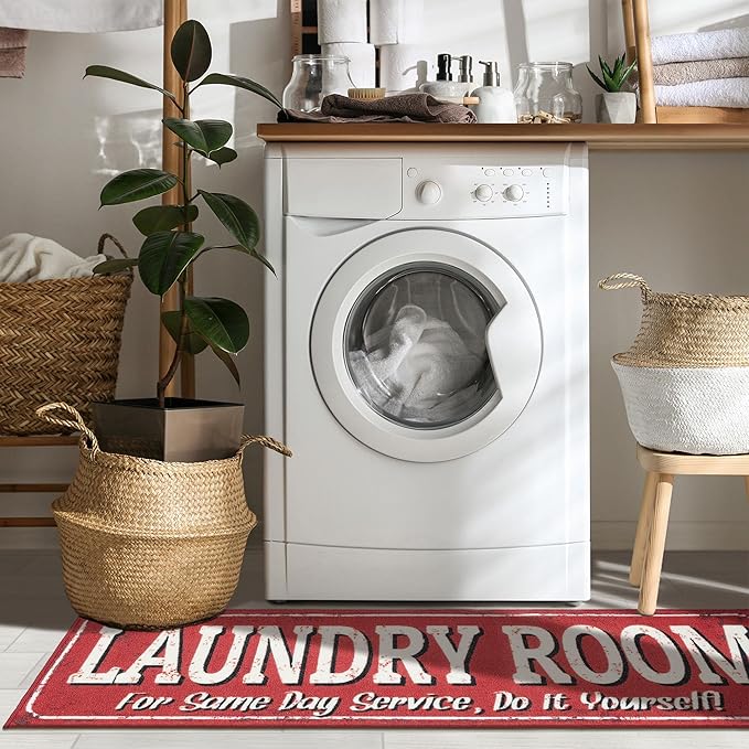 Ottomanson Laundry Collection Non-Slip Rubberback Laundry Text Design 2x5 Laundry Room Runner Rug, 20" x 59", Red