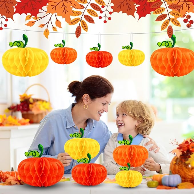 15PCS Pumpkin Honeycomb Decorations, Orange Red Yellow Honeycomb Fall Hanging Ornaments for Autumn Thanksgiving Party Favor Supplies