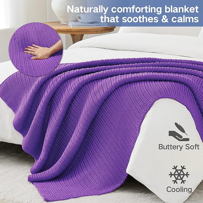 Knitted Weighted Blanket(Purple 50"x60" 5lbs),Home Décor Cooling Throw Blanket for Hot Sleepers,Hand Made Chunky Knit Heavy Blanket Use on Twin Size Bed