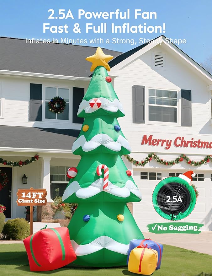 Dawdix 14FT Christmas Tree Inflatable Outdoor Decoration, Giant Christmas Inflatables Tree with 3 Gift Boxes, Lighted Christmas Decoration for Yard, Blow Up Xmas New Year Lawn Decor