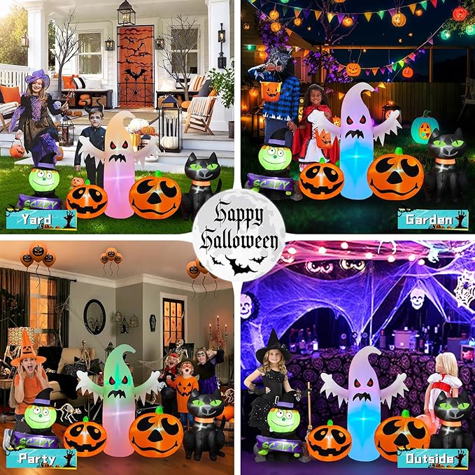 8FT Long Halloween Inflatables Outdoor Decorations, Inflatable Pumpkin and Ghost Black Cat Halloween Decorations with Built-in RGB LEDs Blow Up Inflatable for Halloween Party Garden Yard Lawn