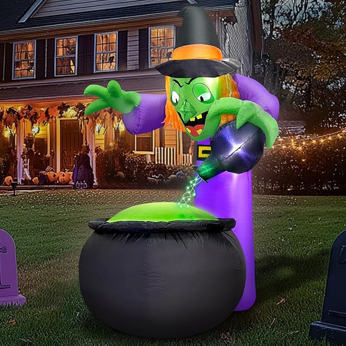 TURNMEON 5 Ft Halloween Inflatable Witch with Cauldron and Green LED String Light, Halloween Decorations Outdoor Blow Up Witch Pot with Build-in LEDs Halloween Yard Decor for Indoor Party Garden Lawn