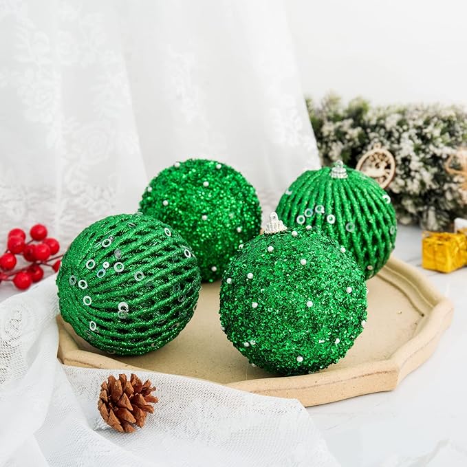 6pcs 3.94" Christmas Ball Ornaments Glitter Shatterproof Christmas Tree Ornaments Sequin Xmas Hanging Balls Decorations for Wedding Party Holiday(Green, 6pc-10cm)