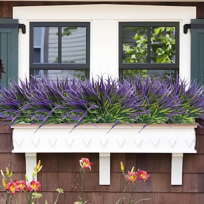 Uieke 28 Bundles Artificial Outdoor Plants UV Resistant Fake Grass Plants Faux Plastic Plants Greenery Shrubs for Home Garden Pathway Window Box Front Porch Cemetery Spring Summer Decor, Purple