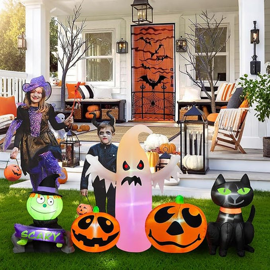 8FT Long Halloween Inflatable Outdoor Decorations Pumpkin Ghost and Black Cat Inflatable Yard Decoration with Build in LEDs Blow Up Ghost for Indoor Outdoor Party Lawn Yard Garden Decor
