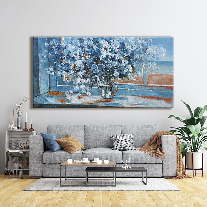 Large Wall Art Canvas Painting Blue Floral Wall Art Pictures Wall Decor Canvas Print For Living Room Bedroom Dining Room Home Office Decor 30"X60"