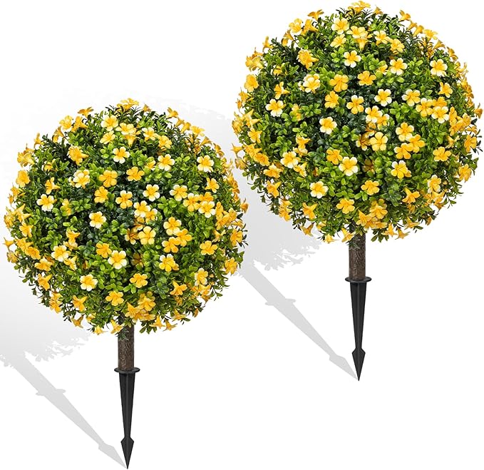 Artificial Topiary Ball Trees with Spike Set of 2, Fall Faux Boxwood Plants for Outdoor Planters, UV Resistant Artificial Outdoor Shrubs, Fake Bushes for Porch, Garden, Patio Decor