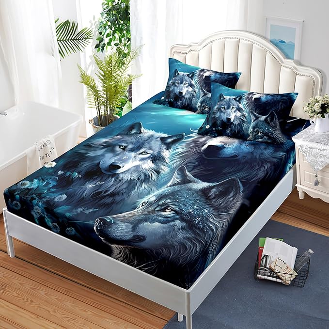 AILONEN Boys Wolf Fitted Sheet Set Queen Size, 3 Pieces Wildlife Bed Sheet Set,Evening Moon Wolf Sheet Set for Boys Teen Men,Wolves Print Fitted Sheet with 2 Pillowcases