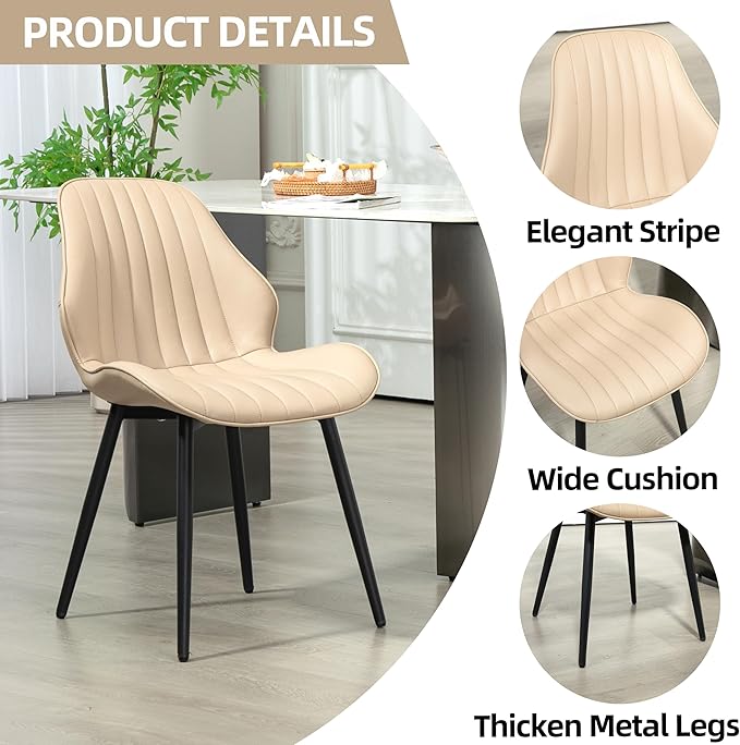 Finnhomy Dining Chairs Set of 2, Mid-Century Modern Upholstered Dining Chairs, Armless Faux Leather Accent Chairs with Backrest, Living Dining Room Chairs with Metal Legs for Dining Room, Khaki