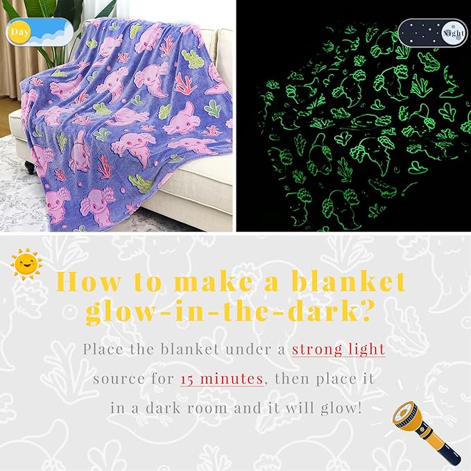 Pink Axolotl Gifts for Girls Glow in The Dark Blanket Cute Axolotl Blanket Girl Soft Fleece Blanket Birthday Gifts 40"x50"