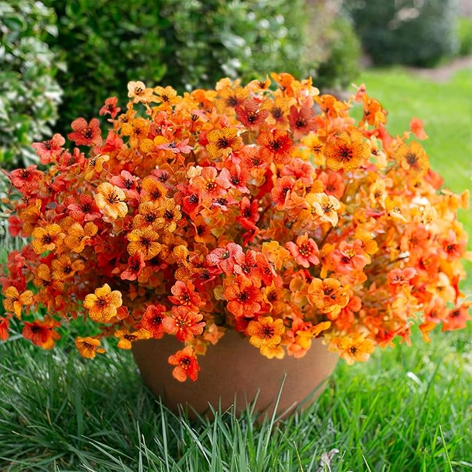Artificial Fake Plants Flowers for Outdoor Fall Autumn Decoration, 12 Bundles Faux Silk Orange Yellow Mums Daisy Look Real UV Resistant for Outside Home Porch Patio Planter
