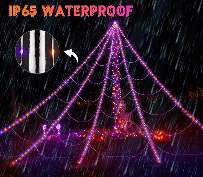 Halloween Spider Web Lights Decoration 250 LED Light up Spider Webs Halloween Decorations Outdoor with 59" Large Spider & 3.53 oz Stretch Cobweb 16.4 Ft Giant Web with 8 Modes (Purple & Orange)