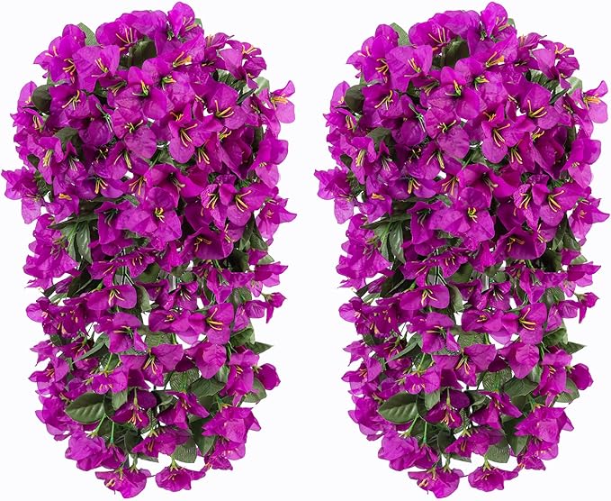 Artificial Faux Bougainvillea Flowers Plants for Outdoor Outside Summer Decoration, 2 pcs Fake Silk UV Resistant Look Real Long Trailing Vines for Front Door Porch Planter Urn Patio Balcony, Purple