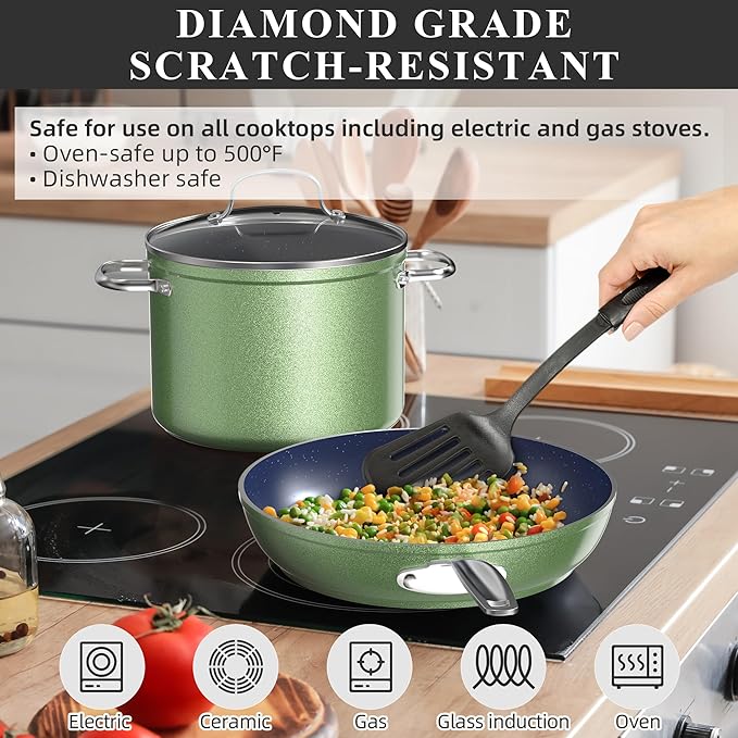 Nuwave Healthy Duralon Blue Ceramic Nonstick Cookware Set, Diamond Infused Scratch-Resistant, PFAS Free, Dishwasher & Oven Safe, Induction Ready & Evenly Heats, Tempered Glass Lids & Stay-Cool Handles