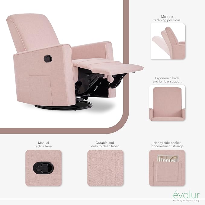 Evolur Glider Swivel Raleigh Upholstered Plush Seating, Rose