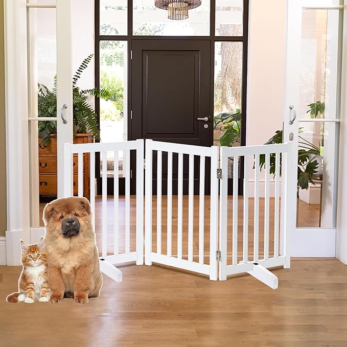LZRS Solid Hardwood Freestanding Pet Gate,Wooden Dog Gates for Doorways,Nature Wood Dog Gates for The House,Dog Gate for Stairs,Freestanding Indoor Gate Safety Fence,White,30" Height-3 Panels