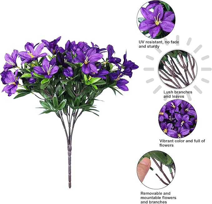 INSPRING Artificial Faux Plants Flowers for Outdoors 3 Bundles Fake Silk Azalea Flowers for Outside Summer Decoration UV Resistant Realistic Fake Flower for Outside Planter Patio Garden Walkways Home
