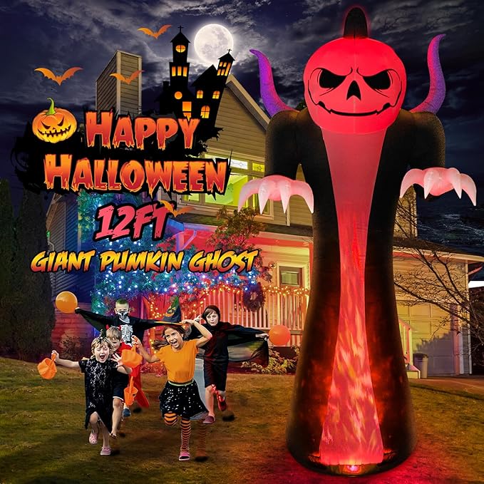 12FT Halloween Inflatables Decoration Outdoor Giant Pumpkin Reaper Ghost with 3-Colored Rotation Flame LEDs Spooky Halloween Blow Up Yard Decorations Outdoor Holiday Party Yard Lawn Decor