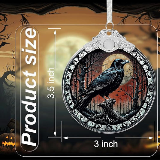 Crow Under Moonlight Halloween Christmas Tree Stained Glass Ornament - Hanging Ornaments for Christmas Tree Decorations - Holiday Keepsake Present Exchange Idea