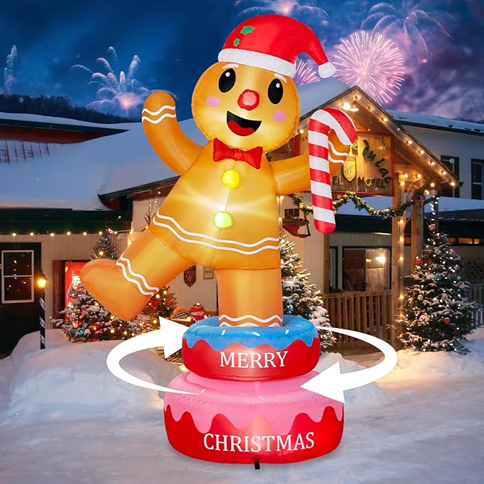B&D 6FT Christmas Inflatables Outdoor Decorations, Rotating Christmas Inflatable Gingerbread Man Stands on The Turntable Lighted Christmas Blow Up Yard Decorations for Xmas Party Garden Lawn Decor