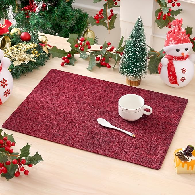 homing Red Cloth Placemats Set of 6 – Cotton Linen Blend Washable Farmhouse Dining Table Mats for Christmas, Easy to Clean, 13 x 19 Inch