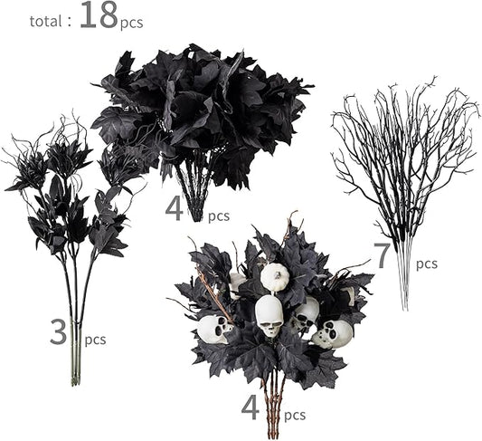18pcs Fake Plants Outdoor, Halloween Maple Pumpkin Branch, Autumn Artificial White Pumpkins Stem with Black Maple Leaves, Faux Maple Leaves Spray for Halloween Thanksgiving Home Deocr(Black)