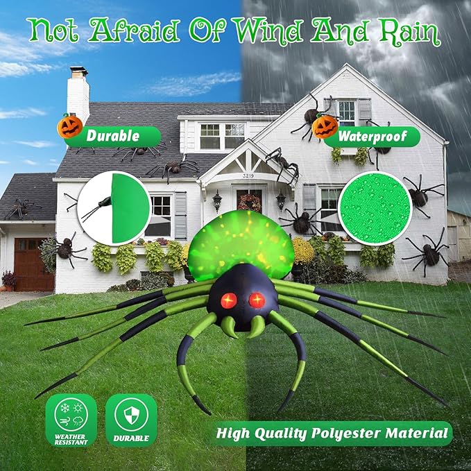 8FT Wide Halloween Inflatable Outdoor Decoration, Green Spider Inflatable Halloween Decorations Built-in Rotating Green Lights Blow up Spider Decorations for Holiday Party Yard Garden