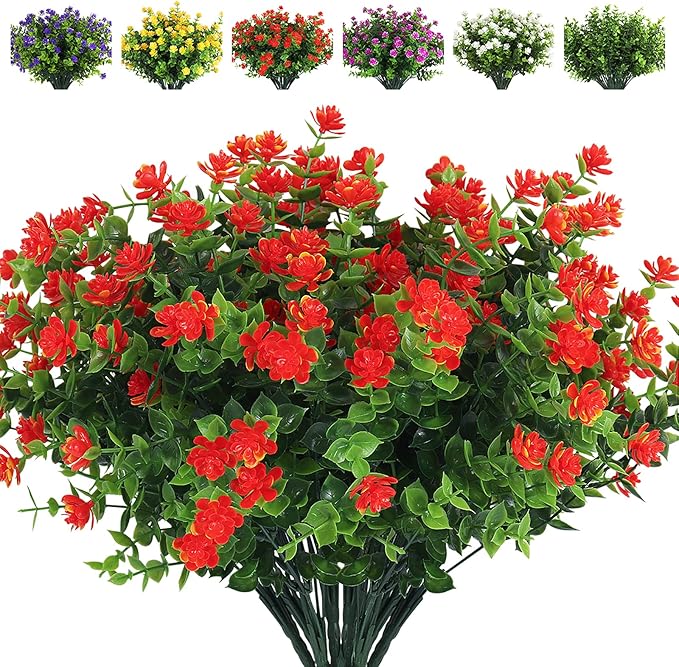 RECUTMS Artificial Flowers Outdoor Fake Flowers,8 Bundles Outside Face Mums Fake Summer Greenery UV Resistant No Fade Faux Plastic Lotus Shrubs Home Garden Porch Patio Decoration Office (Orange Red)