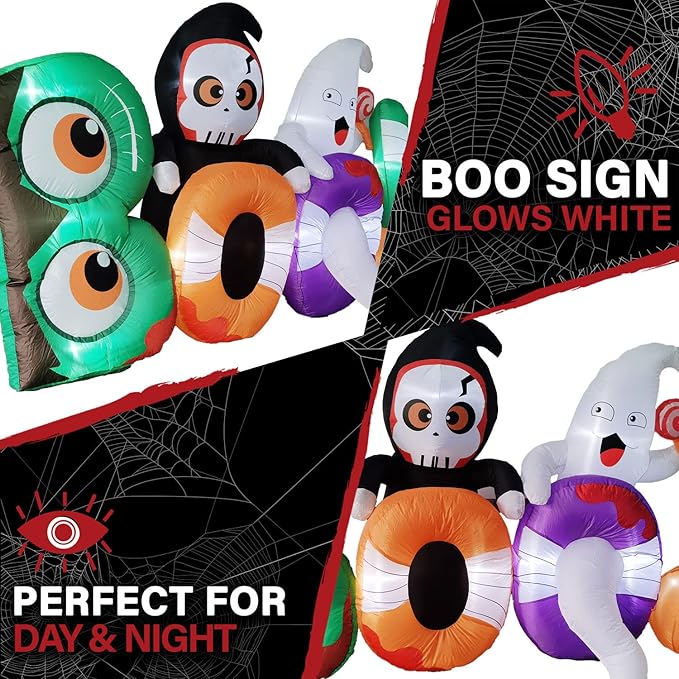 Haunted Hill Farm 8-ft. Wide Reaper and Ghost Boo Sign Blow Up with Lights, Outdoor Halloween Inflatable Decoration for Lawn and Yard, Giant Spooky Holiday Decor