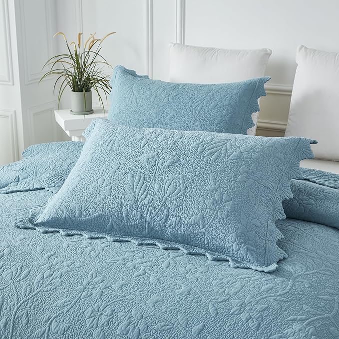 Brandream Queen Size Quilt Set Cotton Bedspread Matelasse Coverlet Set Lightweight Quilt Set Scalloped Edge 3-Piece