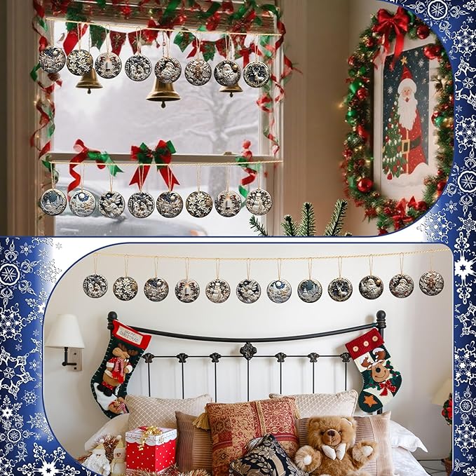 Suzile 36 Pcs Christmas Wooden Ornaments Vintage Christmas Decoration White Sculpture Hanging Decor Retro Round Santa Claus Snowman Tree Decoration for Farmhouse Xmas Home Wreaths Winter Party