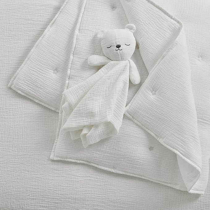 Levtex Baby - Cloud Muslin Crib Bed Set - Baby Nursery Set - White Stars - Textured Muslin - 5 Piece Set Includes Quilt, Fitted Sheet, Two Swaddles & Bear Lovey