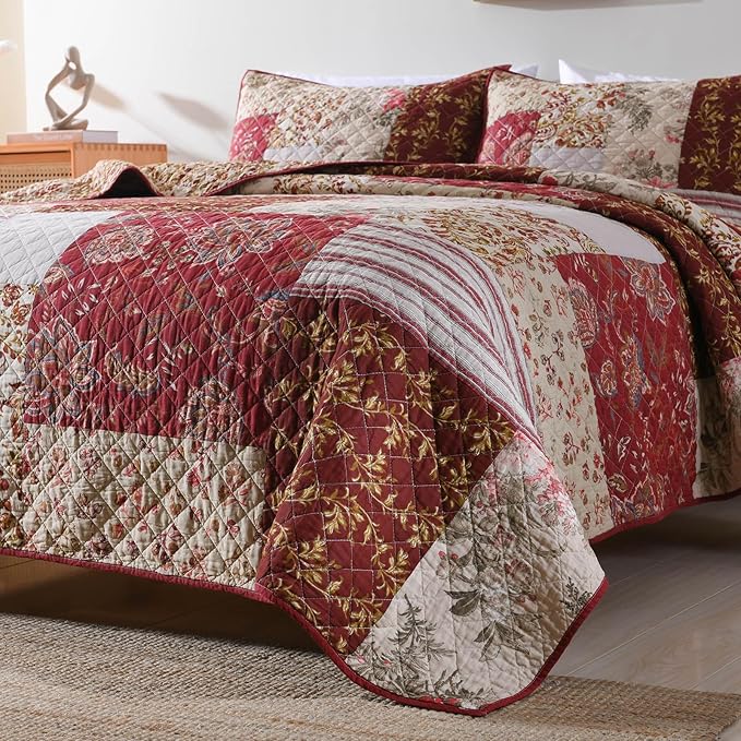mixinni 100% Cotton Quilt Set King Size, Reversible Patchwork Lightweight Quilted Bedspread Coverlet Set Boho Burgundy Floral Bedding Comforter Set with 2 Pillow Shams for All Season (106"x98")
