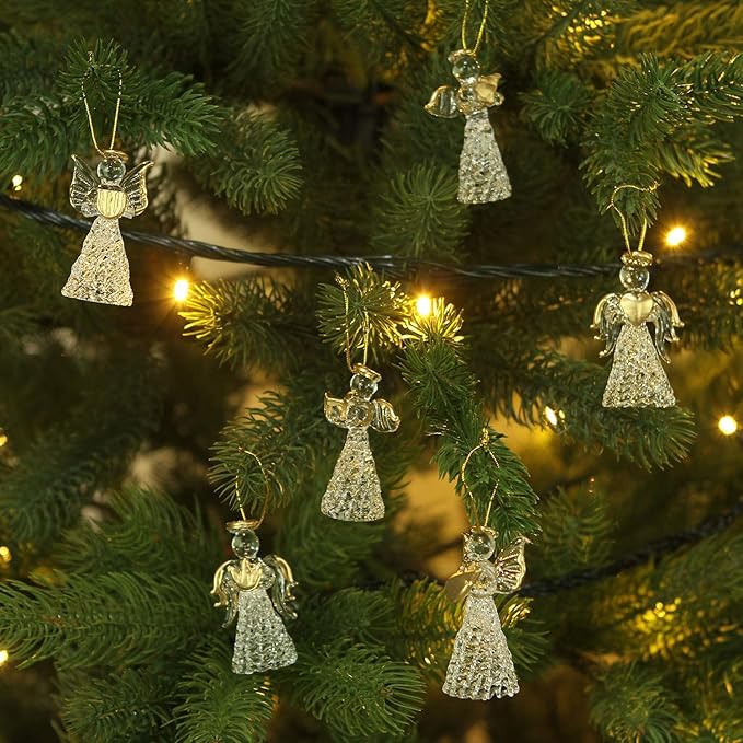 12 Glass Angel Ornaments for Christmas Tree - Clear Mini Hanging Angels