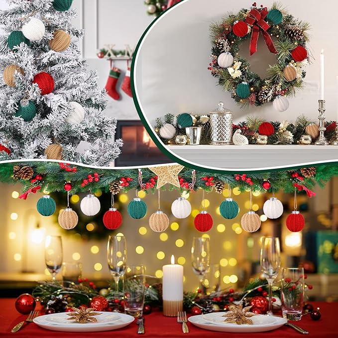 12 Pcs Handcrafted Christmas Crochet Ball Ornaments Christmas Knitted Ornaments Neutral Decoration for Xmas Tree Festival Wreath Garland Decor