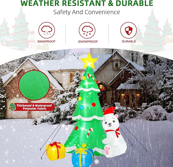 8FT Inflatable Tree Christmas Decorations Outdoor, Christmas Inflatables Polar Bear Holding Christmas Tree Built-in LEDs Blow Up Yard Decorations for Christmas Decor Garden Lawn Holiday Party