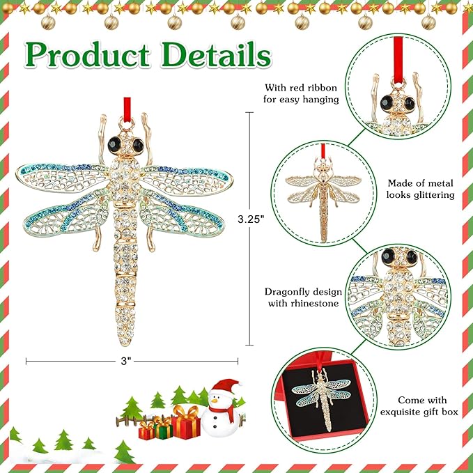 WhatSign Dragonfly Ornaments for Christmas Tree - Metal Light Blue Ornament Christmas Party Decorations Keepsake Gifts for Women Girls